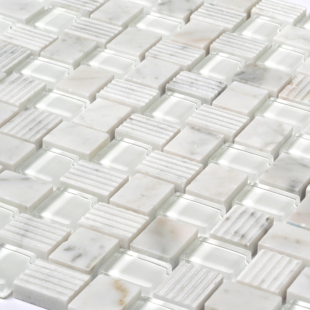 White 12x12 Polished Etched Brick Bianco Carrara Glass Marble Mosaic Tile (5 pack, 4.83 sq ft/case)