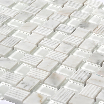 White 12x12 Polished Etched Brick Glass Marble Mosaic Tile (5 pack, 4.83 sq ft/case) - Sample