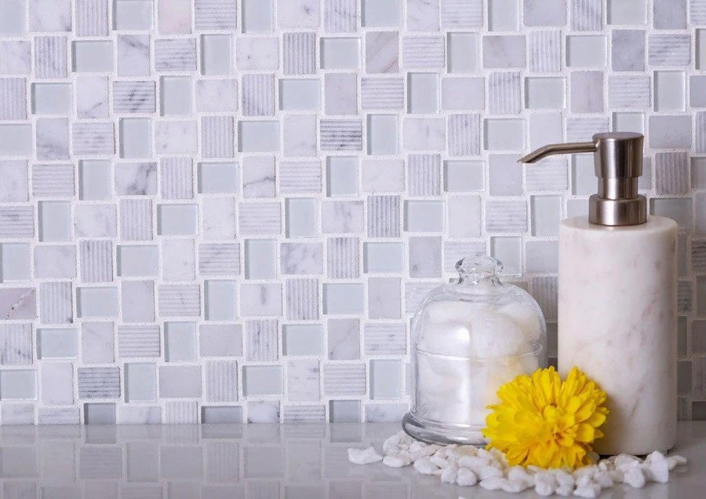 White 12x12 Polished Etched Brick Glass Marble Mosaic Tile (5 pack, 4.83 sq ft/case) - Sample