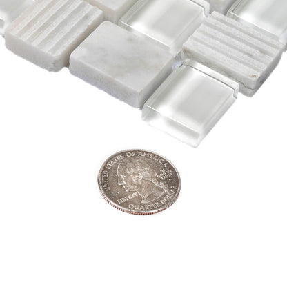 White 12x12 Polished Etched Brick Bianco Carrara Glass Marble Mosaic Tile (5 pack, 4.83 sq ft/case)