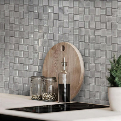 White 12x12 Polished Etched Brick Bianco Carrara Glass Marble Mosaic Tile (5 pack, 4.83 sq ft/case)