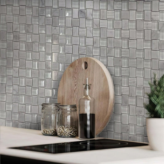 White 12x12 Polished Etched Brick Bianco Carrara Glass Marble Mosaic Tile (5 pack, 4.83 sq ft/case)