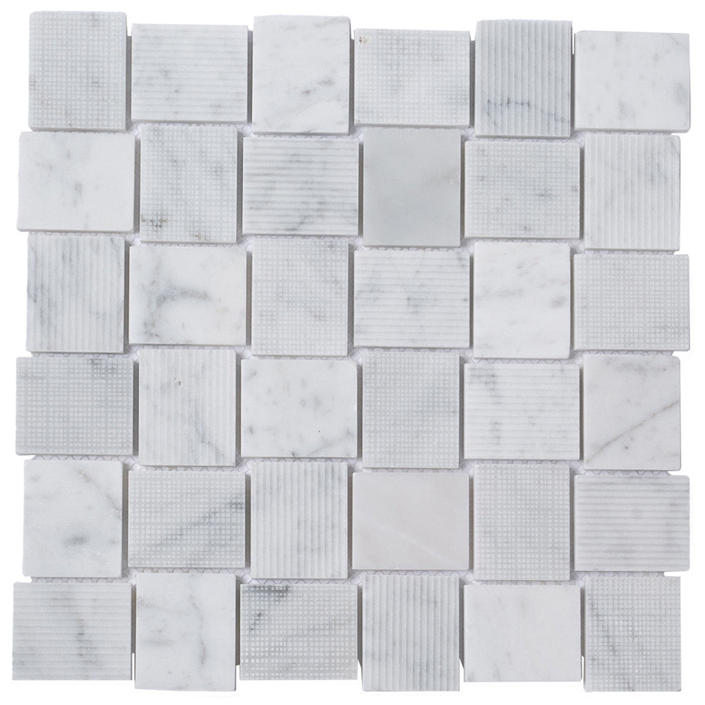 White 11x11 Polished Etched Brick Bianco Carrara Marble Mosaic Tile (5 pack, 4.13 sq ft/case)