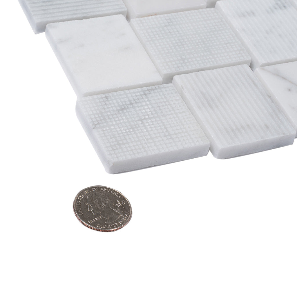 White 11x11 Polished Etched Brick Bianco Carrara Marble Mosaic Tile (5 pack, 4.13 sq ft/case)