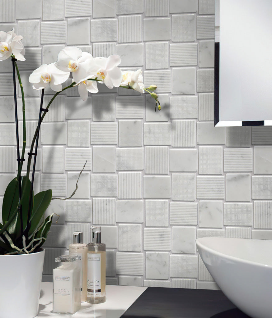 White 11x11 Polished Etched Brick Bianco Carrara Marble Mosaic Tile (5 pack, 4.13 sq ft/case)
