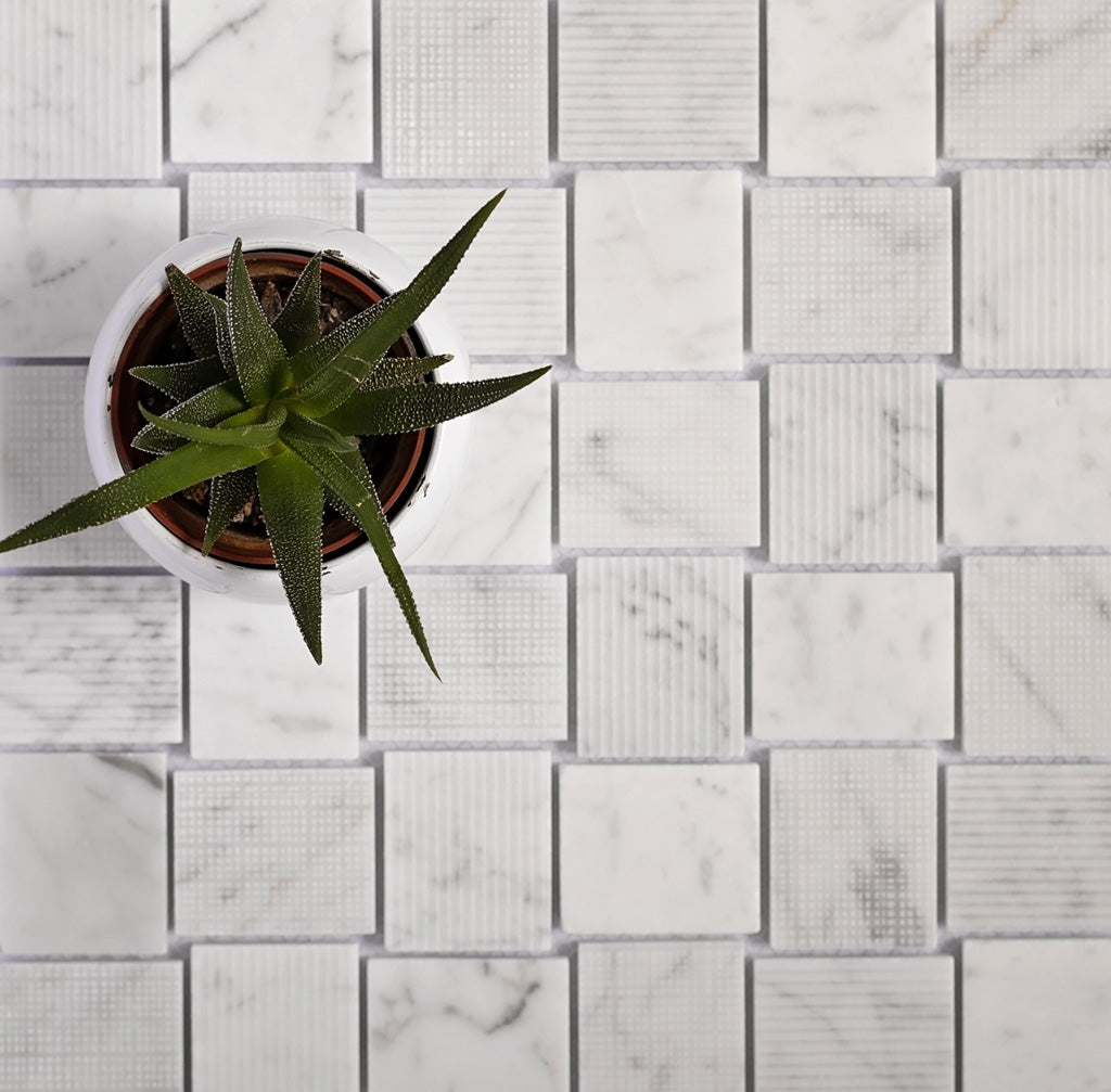 White 11x11 Polished Etched Brick Bianco Carrara Marble Mosaic Tile (5 pack, 4.13 sq ft/case)