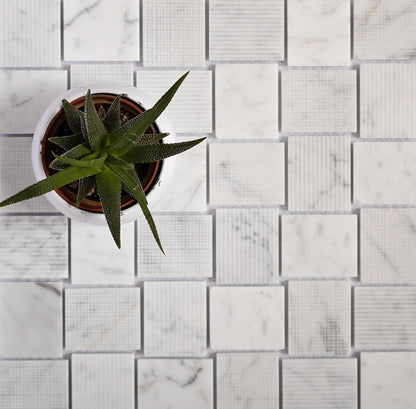 White 11x11 Polished Etched Brick Bianco Carrara Marble Mosaic Tile (5 pack, 4.13 sq ft/case)