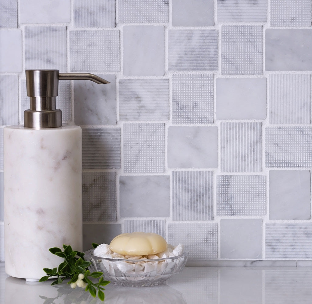 White 11x11 Polished Etched Brick Bianco Carrara Marble Mosaic Tile (5 pack, 4.13 sq ft/case)