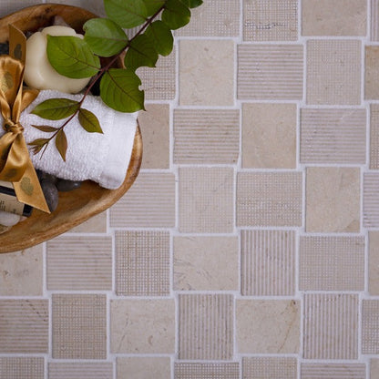 Beige 11x11 Polished Etched Brick Crema Marfil Marble Mosaic Tile (5 pack, 4.13 sq ft/case)