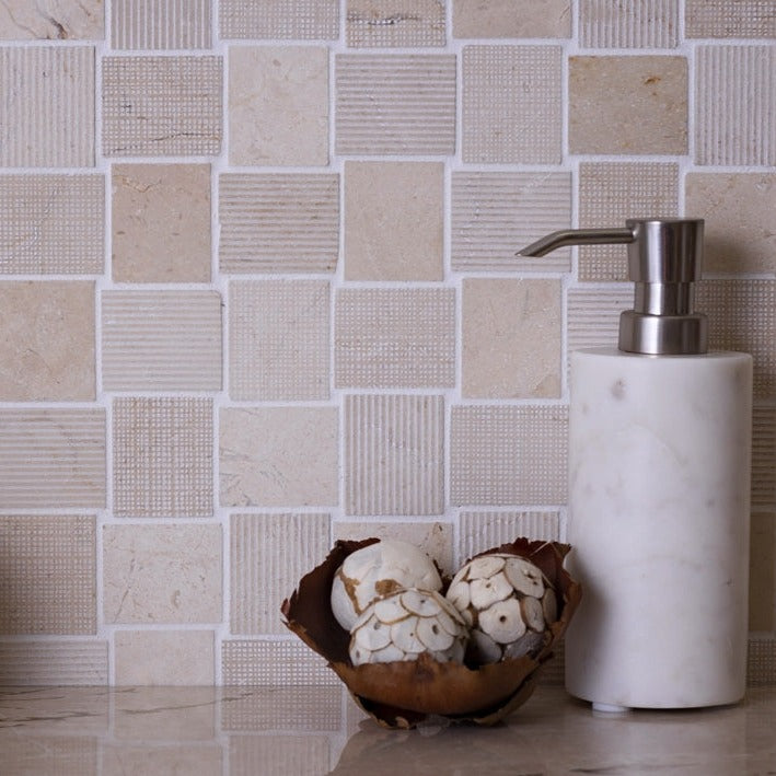 Beige 11x11 Polished Etched Brick Marble Mosaic Tile (5 pack, 4.13 sq ft/case) - Sample