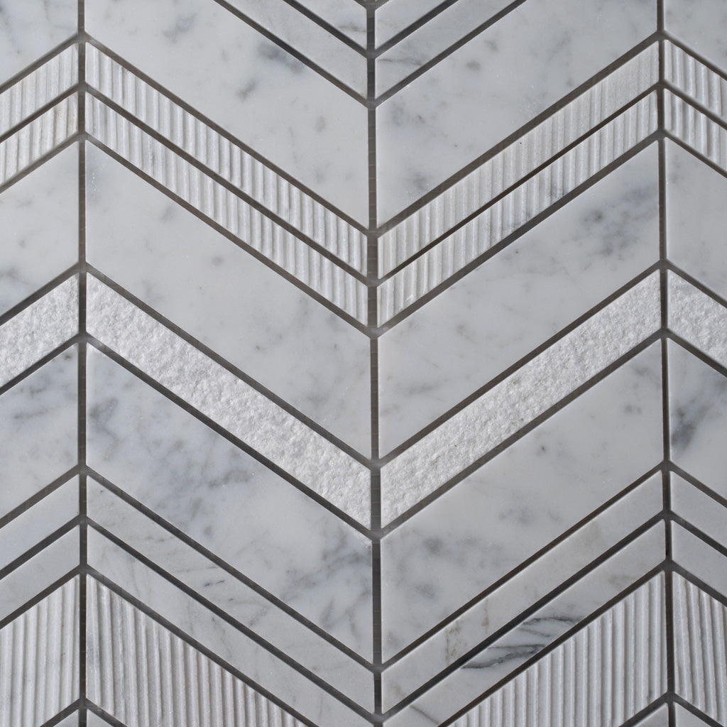 Gray White 13x13 Polished Etched Herringbone Marble Mosaic Tile (5 pack, 6.09 sq ft/case) - Sample