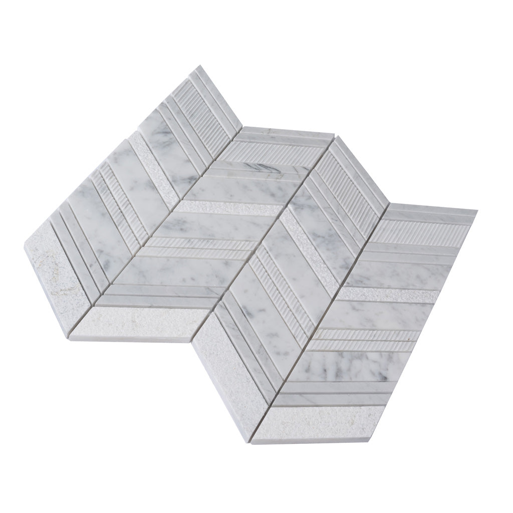 Gray White 13x13 Polished Etched Herringbone Bianco Carrara Marble Mosaic Tile (5 pack, 6.09 sq ft/case)