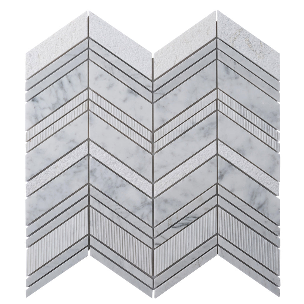 Gray White 13x13 Polished Etched Herringbone Bianco Carrara Marble Mosaic Tile (5 pack, 6.09 sq ft/case)