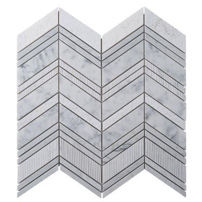 Gray White 13x13 Polished Etched Herringbone Marble Mosaic Tile (5 pack, 6.09 sq ft/case) - Sample