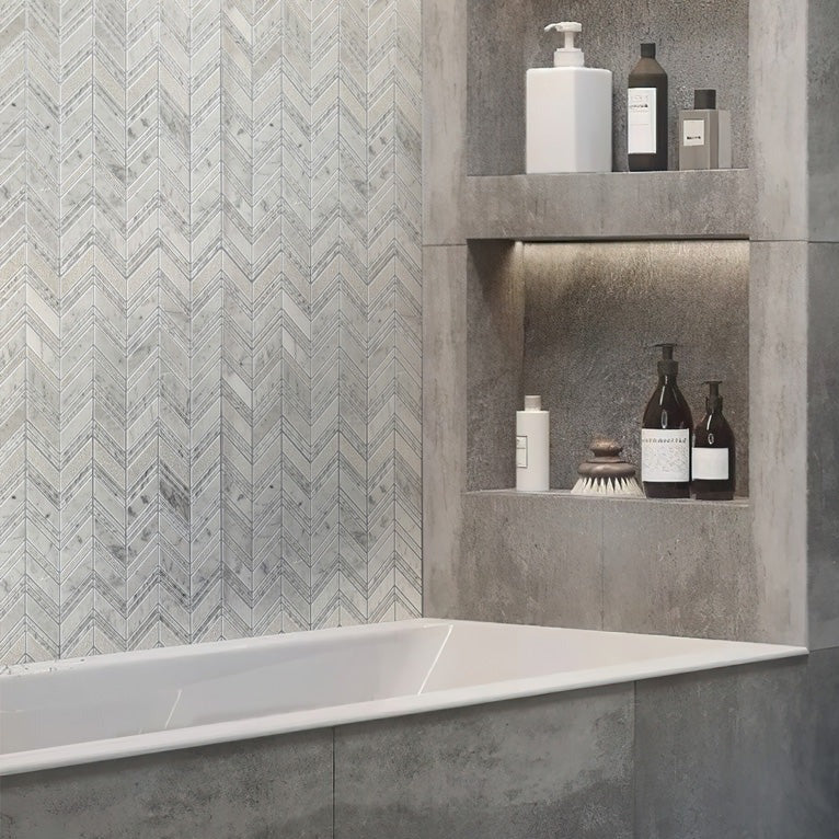 Gray White 13x13 Polished Etched Herringbone Bianco Carrara Marble Mosaic Tile (5 pack, 6.09 sq ft/case)