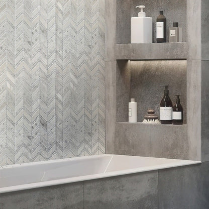 Gray White 13x13 Polished Etched Herringbone Marble Mosaic Tile (5 pack, 6.09 sq ft/case) - Sample