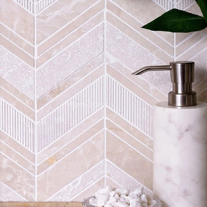 Beige 13x13 Polished Etched Herringbone Marble Mosaic Tile (5 pack, 6.09 sq ft/case) - Sample