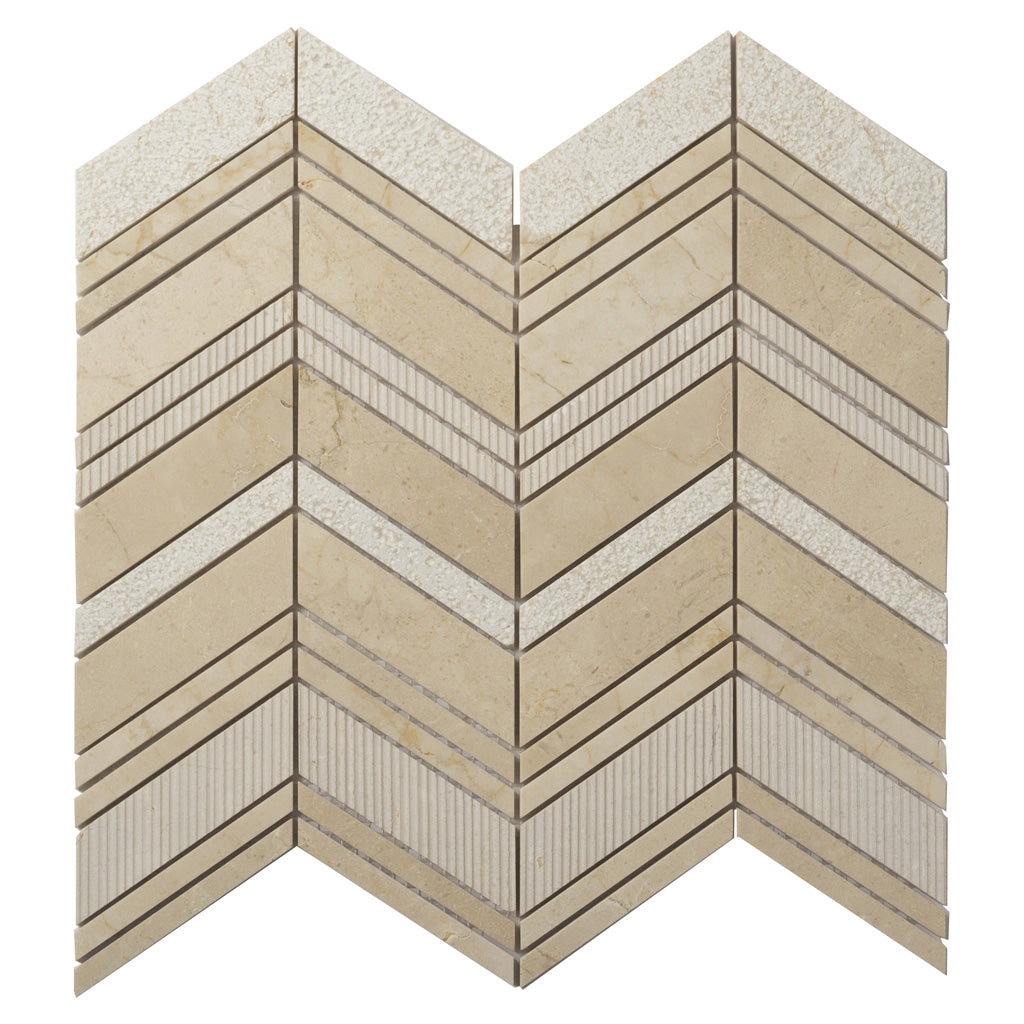 Beige 13x13 Polished Etched Herringbone Crema Marfil Marble Mosaic Tile (5 pack, 6.09 sq ft/case)