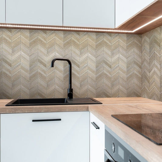 Beige 13x13 Polished Etched Herringbone Crema Marfil Marble Mosaic Tile (5 pack, 6.09 sq ft/case)