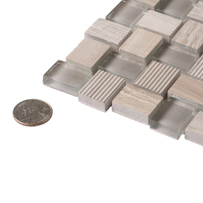 Wooden Grey Glass 12x12 Polished Etched Brick Marble Mosaic Tile (5 pack, 4.83 sq ft/case)