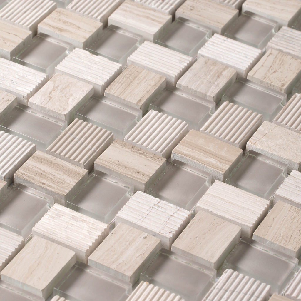 Wooden Grey Glass 12x12 Polished Etched Brick Marble Mosaic Tile (5 pack, 4.83 sq ft/case)