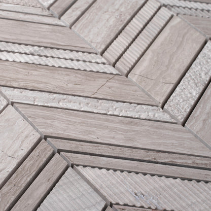 Wooden Grey 13x13 Polished Etched Herringbone Marble Mosaic Tile (5 pack, 6.09 sq ft/case)