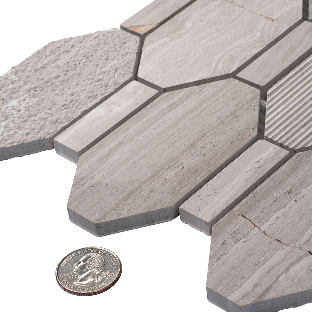 Gray 11x12 Polished Etched Hexagon Marble Mosaic Tile (5 pack, 4.66 sq ft/case) - Sample