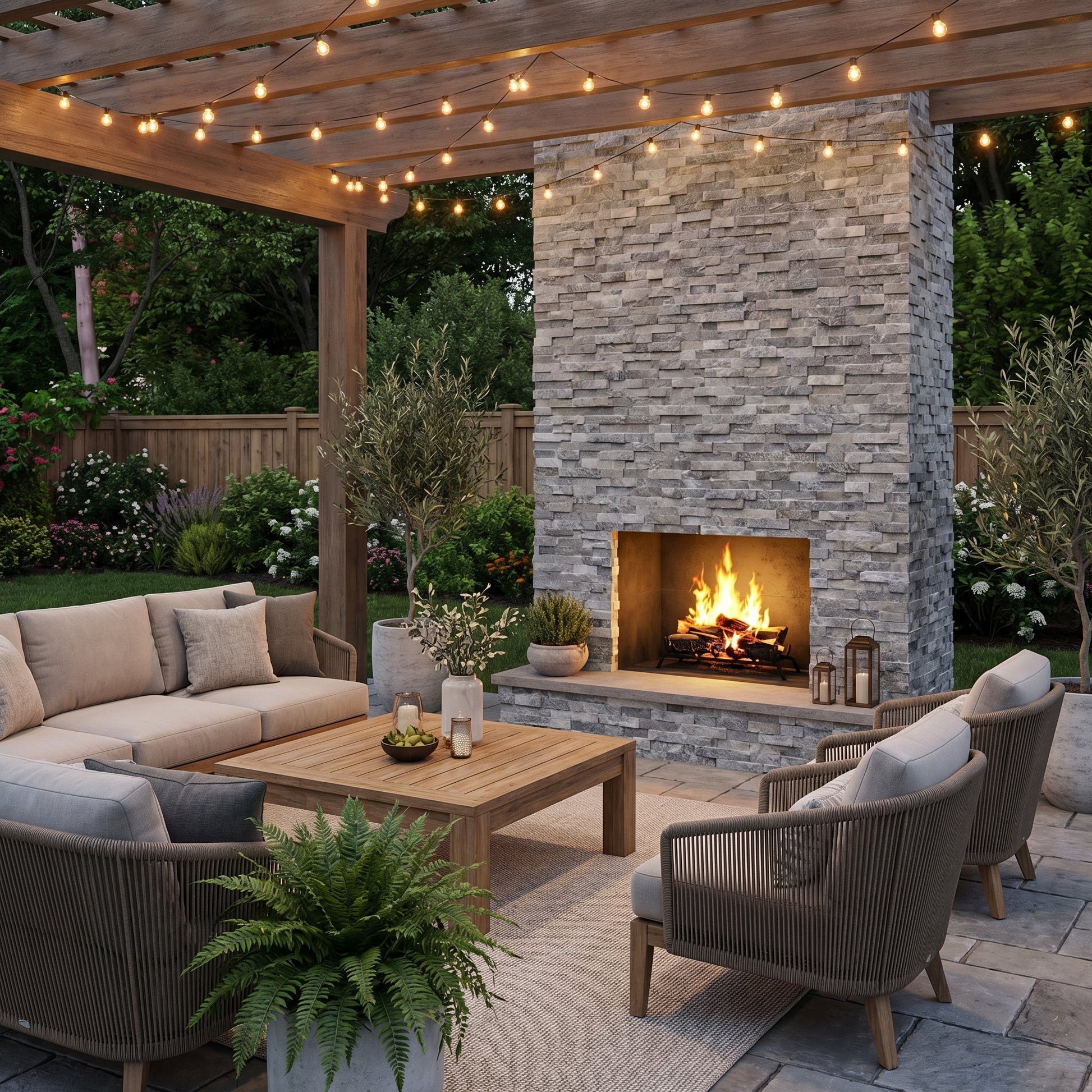 Outdoor patio with stone fireplace, seating area, and string lights. Bluestone Marble 3D Ledger Stone Panel 6"x24"