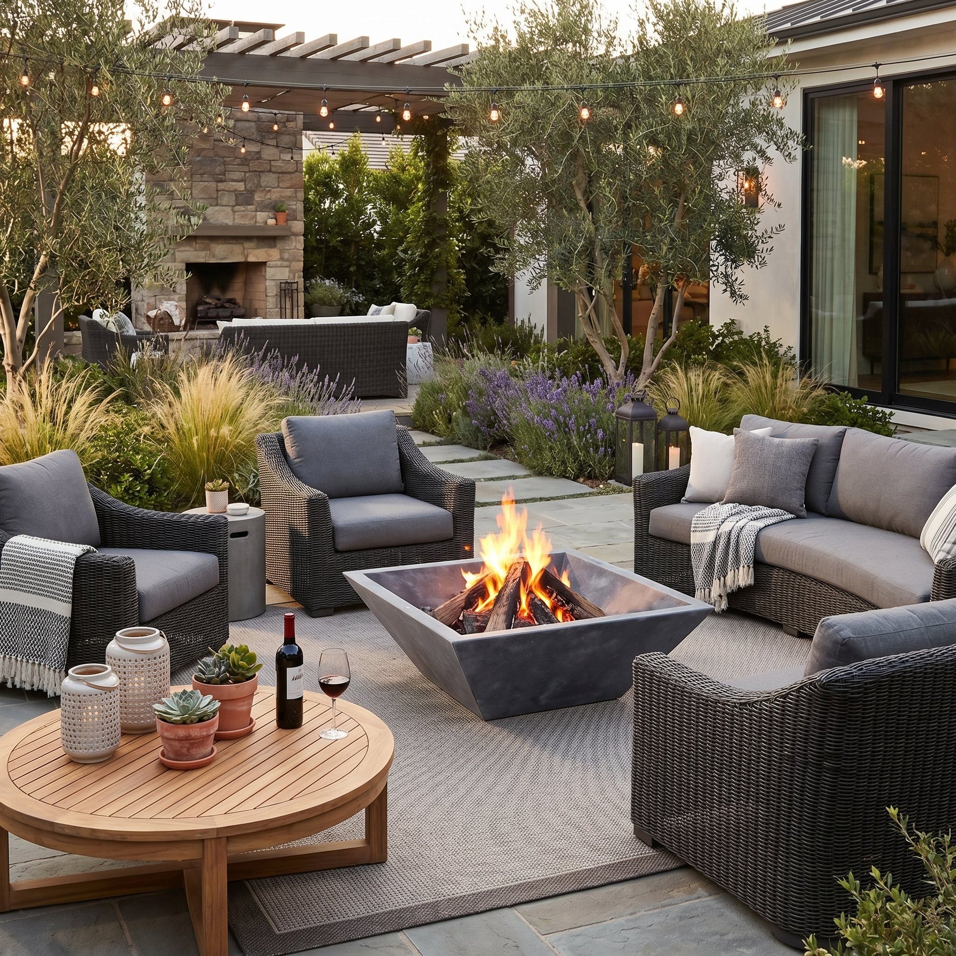 Outdoor patio with fire pit, chairs, and a wooden table in a garden setting. Bluestone Marble Natural Stone Fire Pit 24" x 24" x 8"
