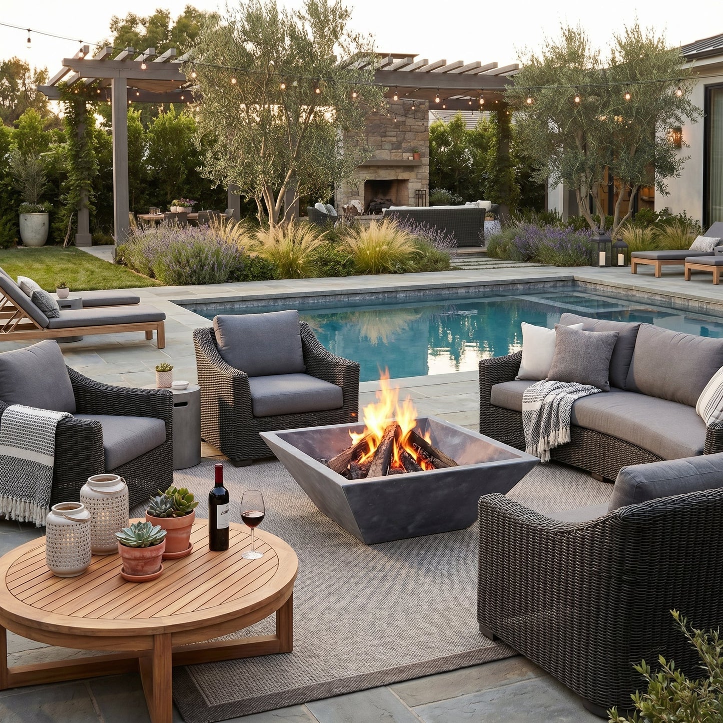 Outdoor patio with fire pit, seating area, and pool in a backyard setting. Bluestone Marble Natural Stone Fire Pit 24" x 24" x 8"