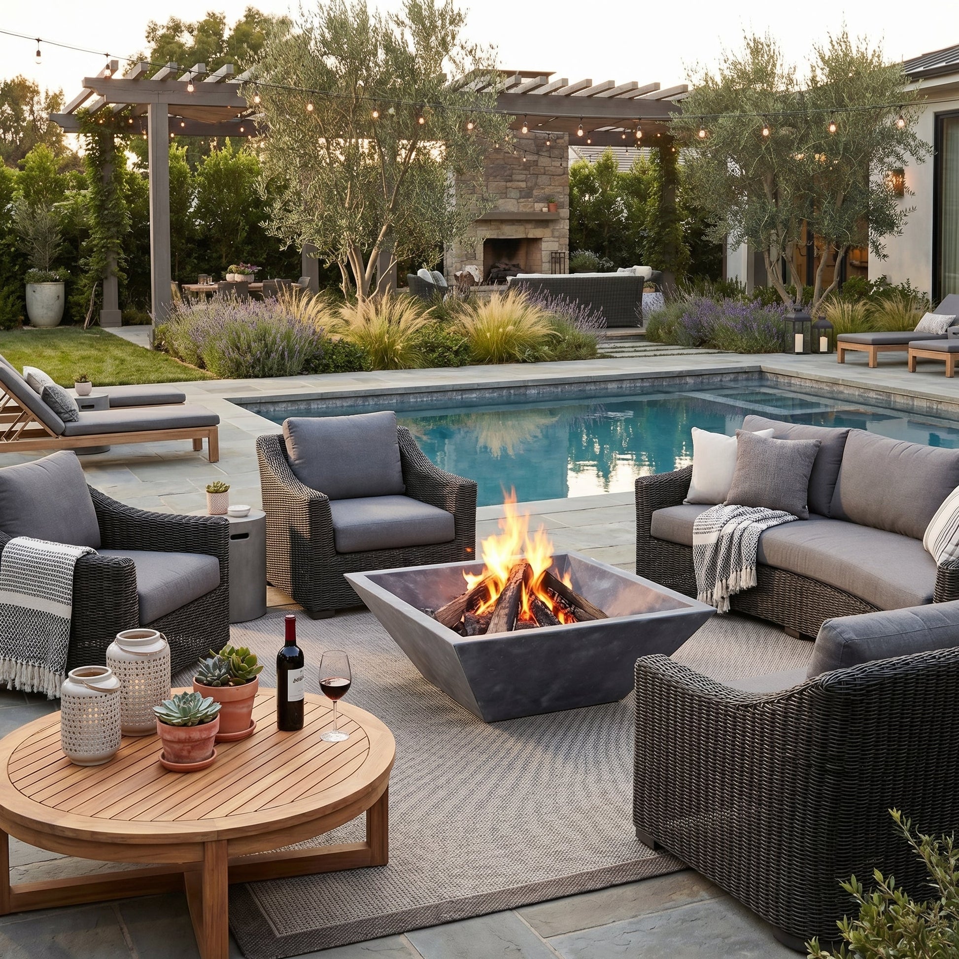 Outdoor patio with fire pit, seating area, and pool in a backyard setting. Bluestone Marble Natural Stone Fire Pit 24" x 24" x 8"