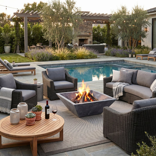 Outdoor patio with fire pit, seating area, and pool in a backyard setting. Bluestone Marble Natural Stone Fire Pit 24" x 24" x 8"