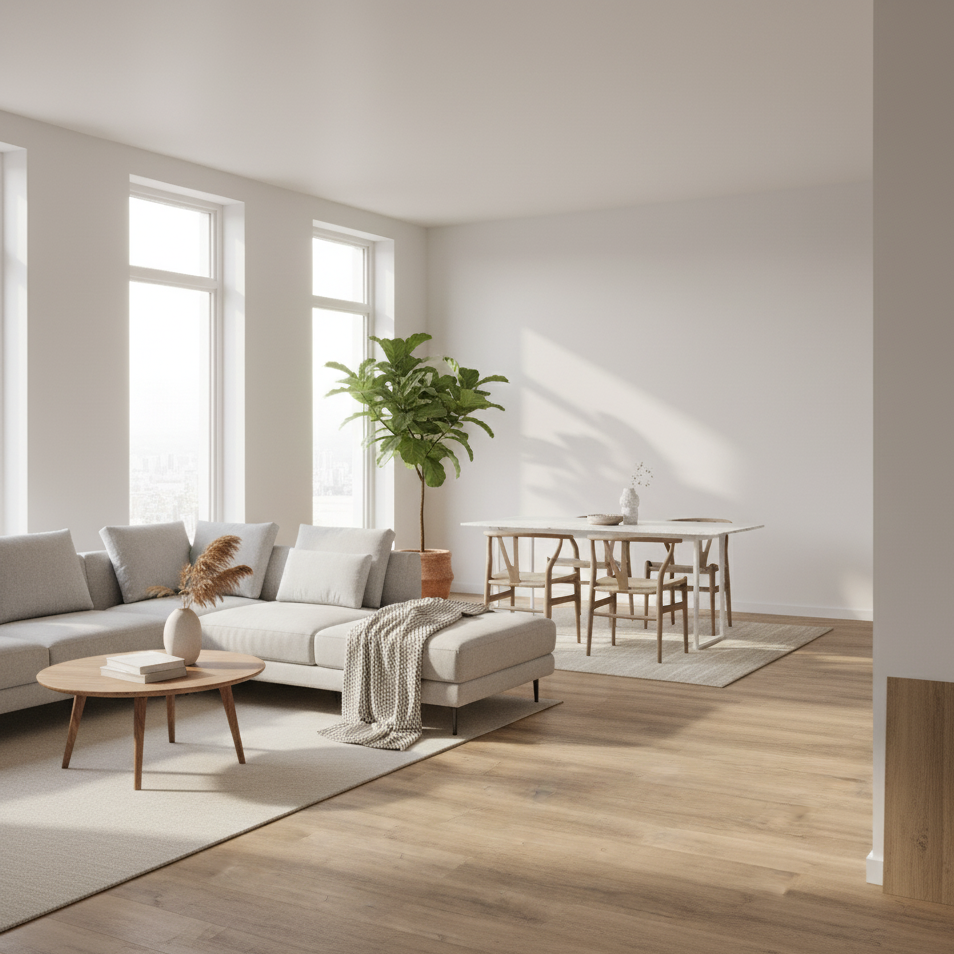 Modern living room with wooden flooring, furniture, and a plant.