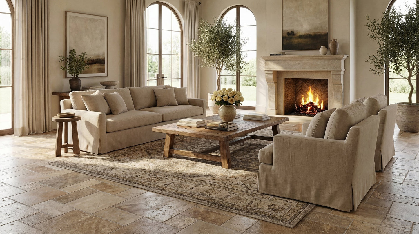 Cozy living room with beige sofa, wooden coffee table, and fireplace. Meandros walnut antique pattern set travertine tile SKU-10061703 multi top view
