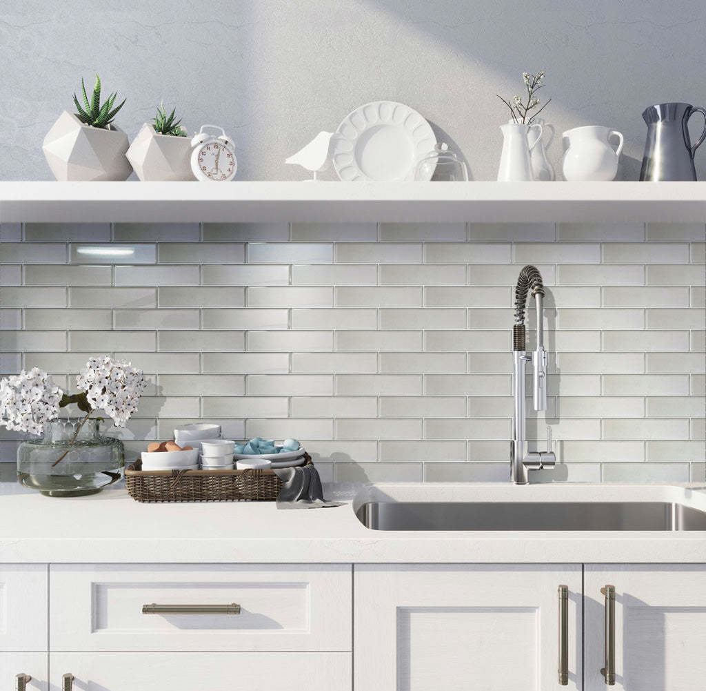 Powder White 12x12 Glossy Brick Glass Mosaic Tile (5 pack, 4.83 sq ft/case)