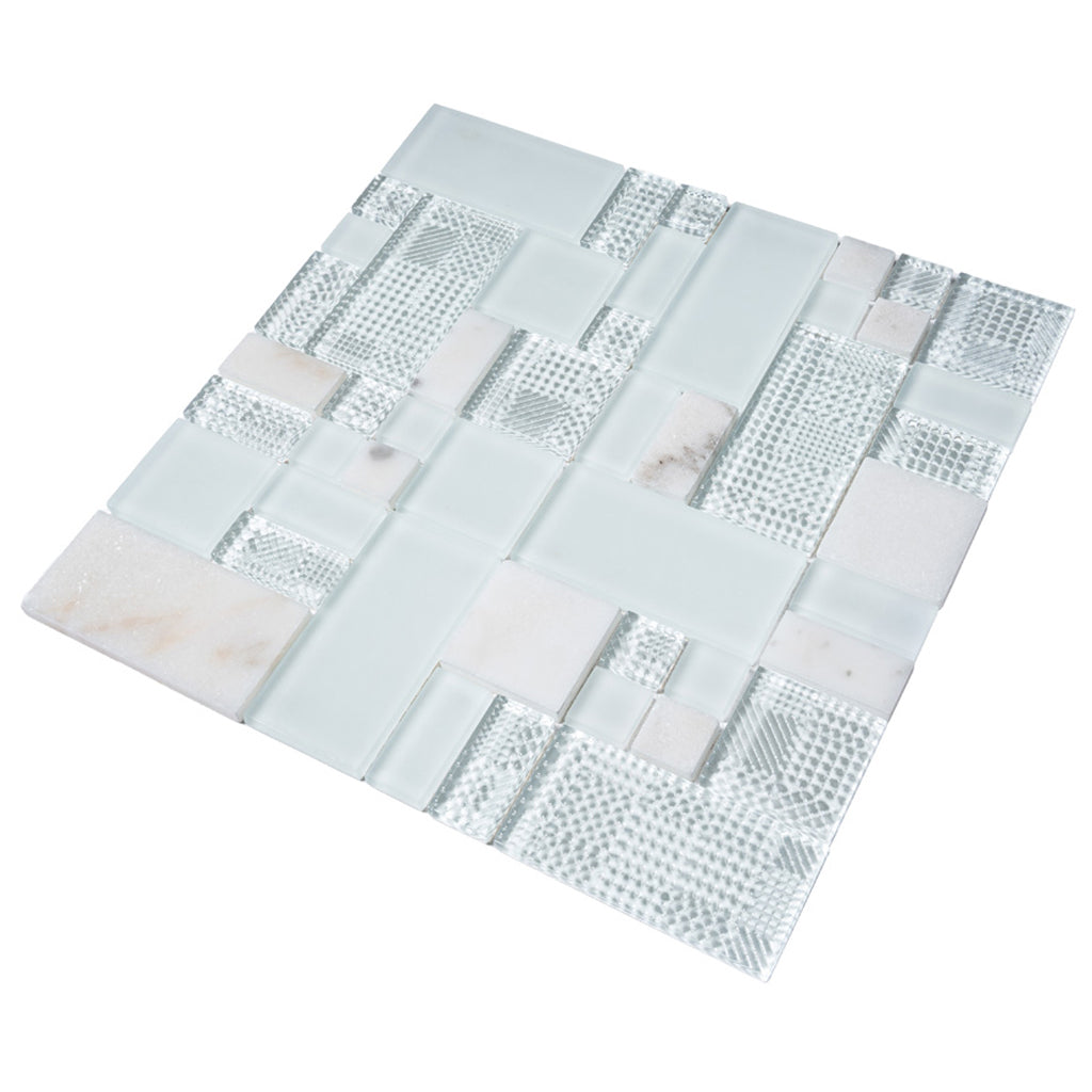 Pearl White 12x12 Polished Matte Textured Versailles Glass Stone Mosaic Tile (5 pack, 4.75 sq ft/case)
