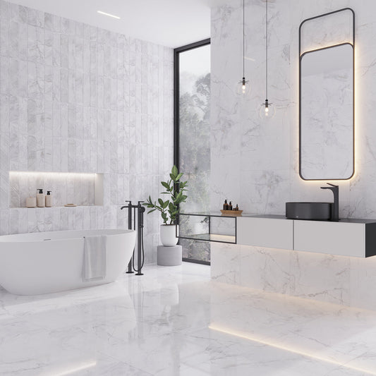 Bright White with Gray 24x48 Polished Porcelain Large Format Tile (2 pack, 15.5 sq ft/case)