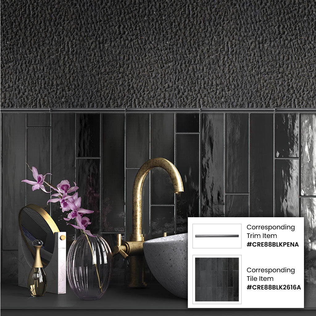 Black 2.6x16 Glossy Ceramic Subway Tile (38 pack, 10.76 sq ft/case)