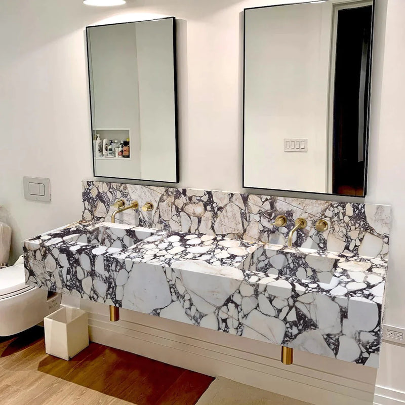 Calacatta Viola Marble Double Sink Wall-mount Bathroom Sink with 10" Backsplash (W)20" (L)80" (H)8"