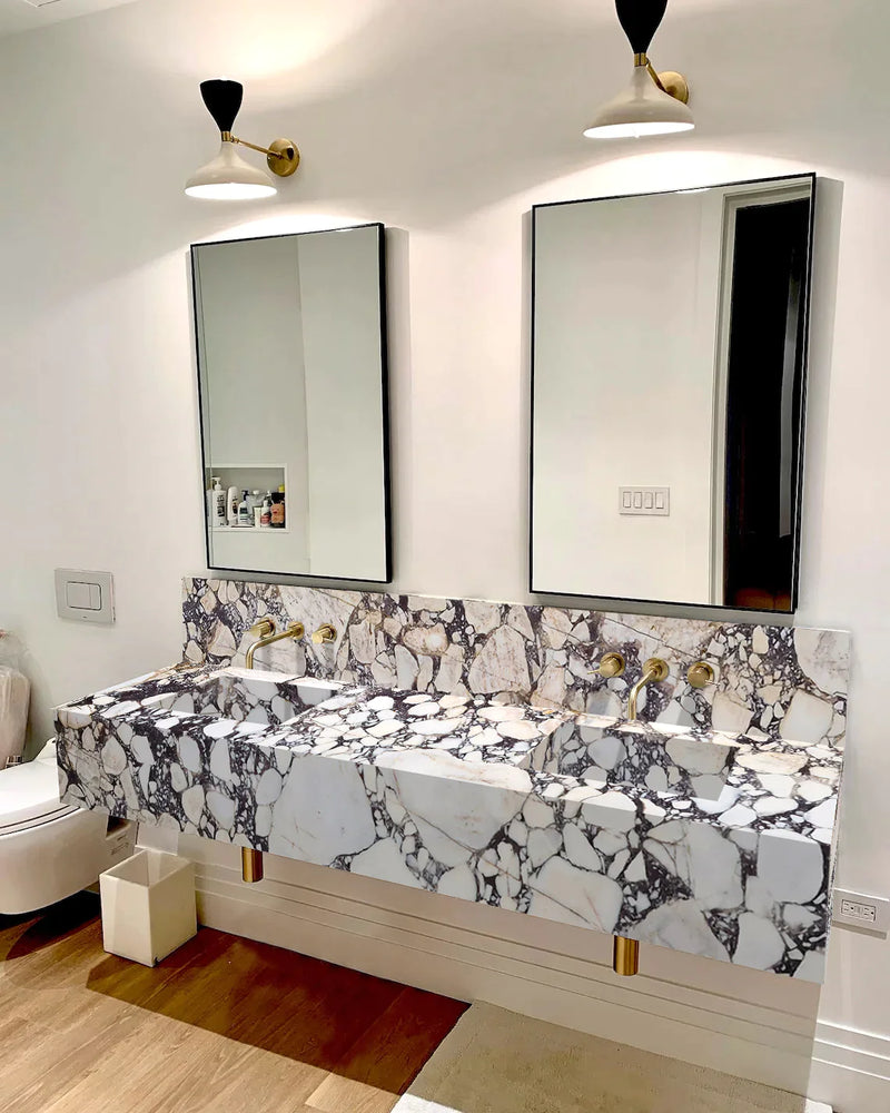 Calacatta Viola Marble Double Sink Wall-mount Bathroom Sink with 10" Backsplash (W)20" (L)80" (H)8"