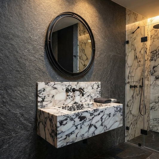 Bathroom with marble sink and vanity against a dark wall.