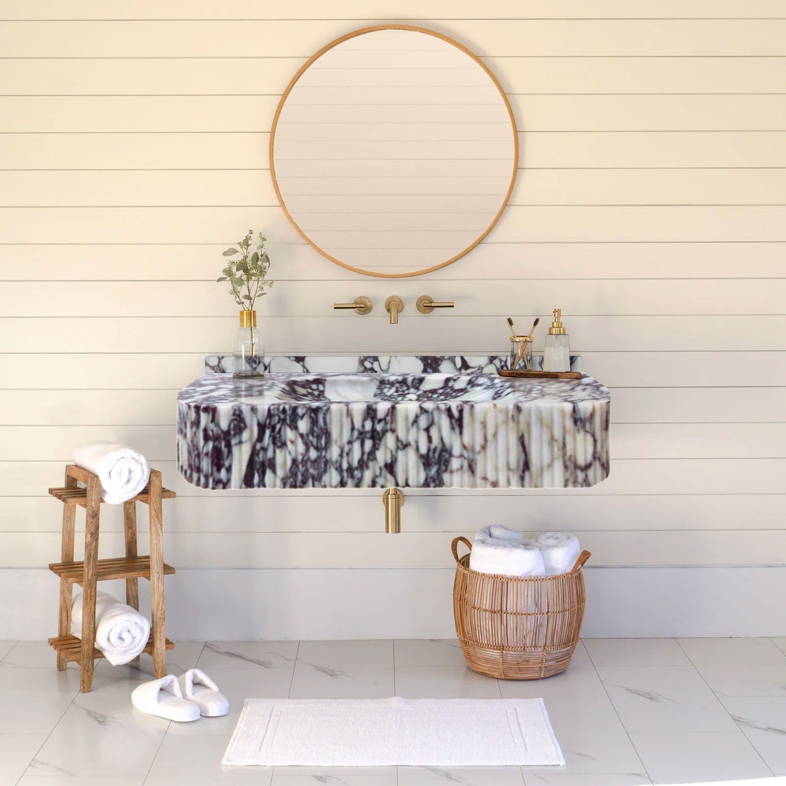 Calacatta Viola Marble Wall-mount Bathroom Vanity Ribbed Textured Front (W)18" (L)32" installed bright bathroom round gold frame mirror soap dispenser glass vase and plant gold wall-mount faucet towel box side wooden table shelf white foot towel 