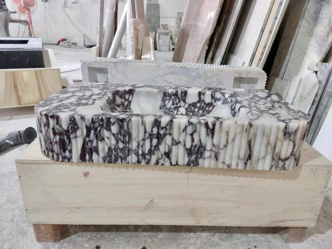 Calacatta Viola Marble Wall-mount Bathroom Vanity Sink Ribbed Textured Front (W)18" (L)32" (H)6" front view