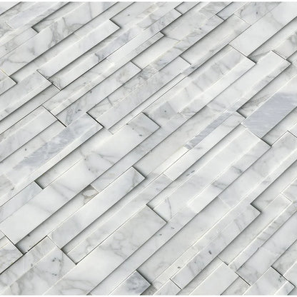 Calacatta cressa 3D ledger panel 6X24 honed marble wall tile LPNLMCALCRE624 3DH product shot multiple tiles angle view