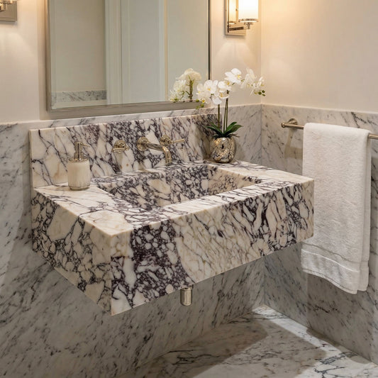 Calacatta Viola Marble Rectangular Wall-mount Bathroom Sink with 8" Backsplash (W)21" (L)34" (H)10"