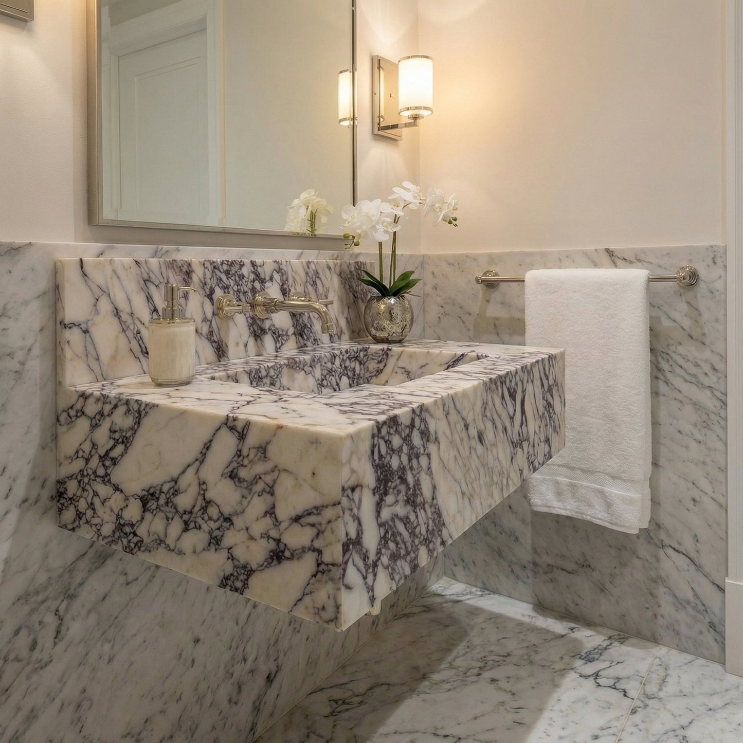 Calacatta Viola Marble Rectangular Wall-mount Bathroom Sink with 8" Backsplash (W)21" (L)34" (H)10"