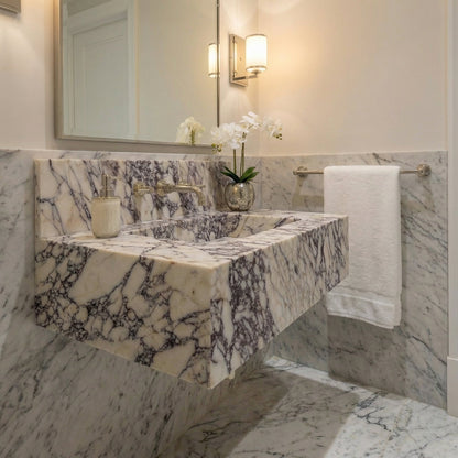 Calacatta Viola Marble Rectangular Wall-mount Bathroom Sink with 8" Backsplash (W)21" (L)34" (H)10"