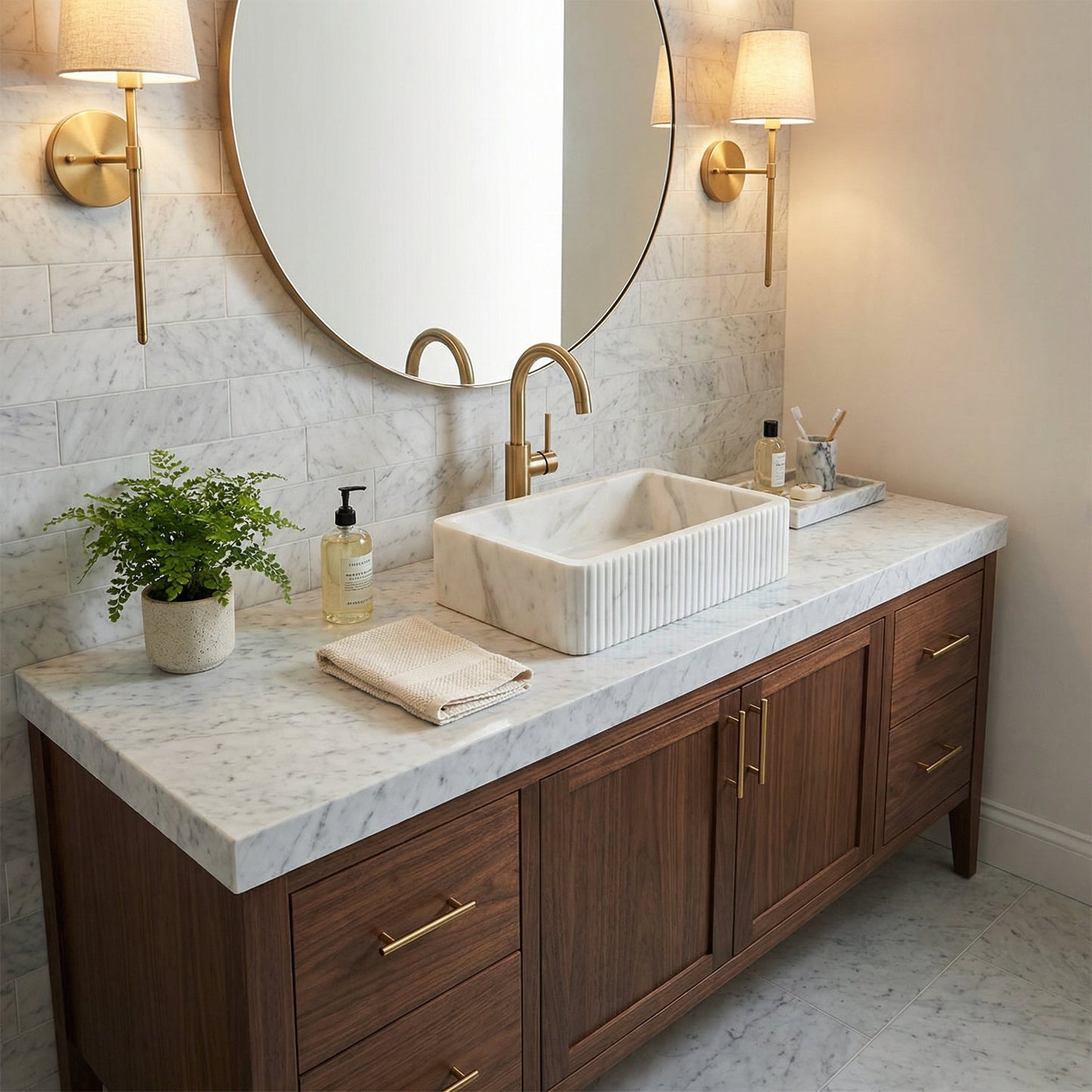 Bathroom vanity with marble countertop, wooden cabinets, and gold fixtures. Carrara White Marble Wall-mount Bathroom Sink Ribbed Textured (W)16" (W)24" (H)6"
