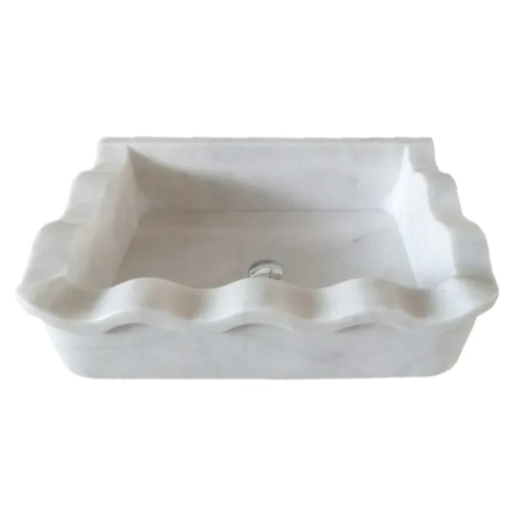 Carrara White Marble Rectangular Wall-mount Wavy Edges Bathroom Sink (W)16" (L)24" (H)6" angle view