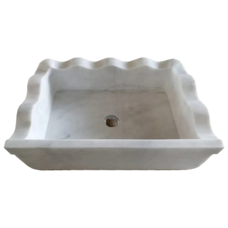 Carrara White Marble Rectangular Wall-mount Wavy Edges Bathroom Sink (W)16" (L)24" (H)6"